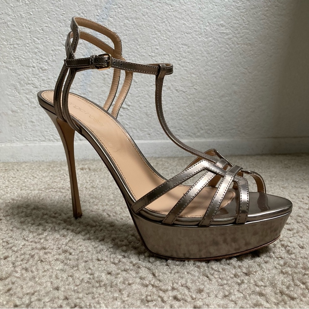 Sergio Rossi Bronze Gold Metallic Stiletto Platform Sandals Heels